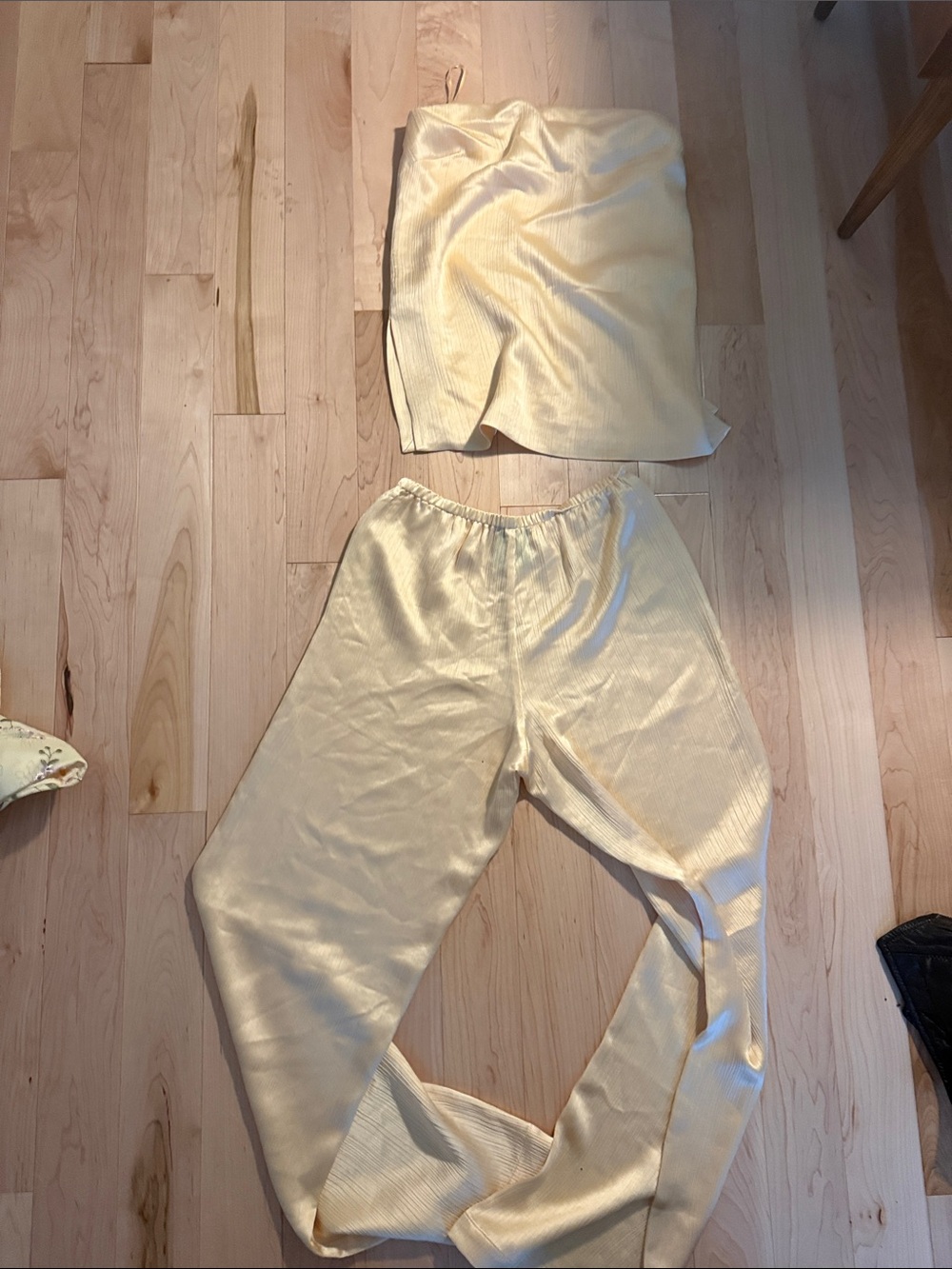 Reformation Pale Yellow Satin Wide-Leg Pants with Matching Crop Top